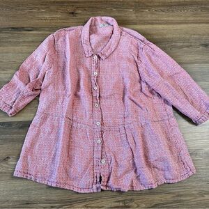 FLAX 3/4 Sleeve Button Up Tunic Shirt 100% Linen Relaxed Lithuania Pink XL 1G